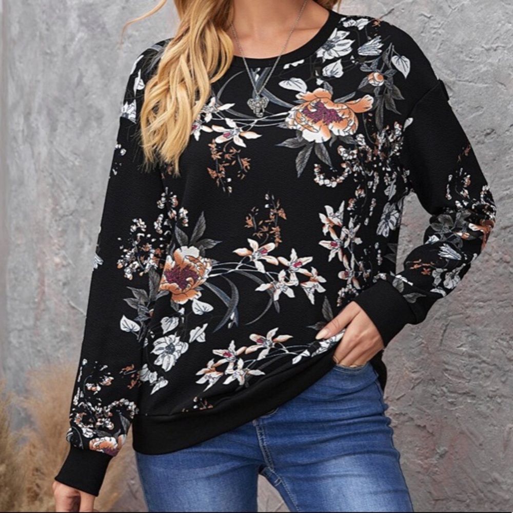 Boho Black Floral Multicolor Loose Fit Sweatshirt - Picture 1 of 7
